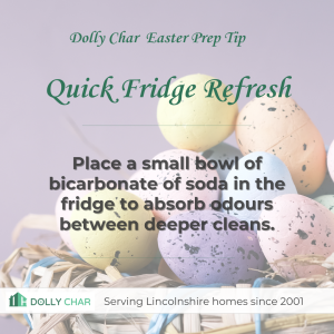 Fridge deodorising tip using bicarbonate of soda to absorb odours between cleans.